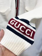 Gucci long cardigan ribbed cuff with large GUCCI logo in burgundy and navy