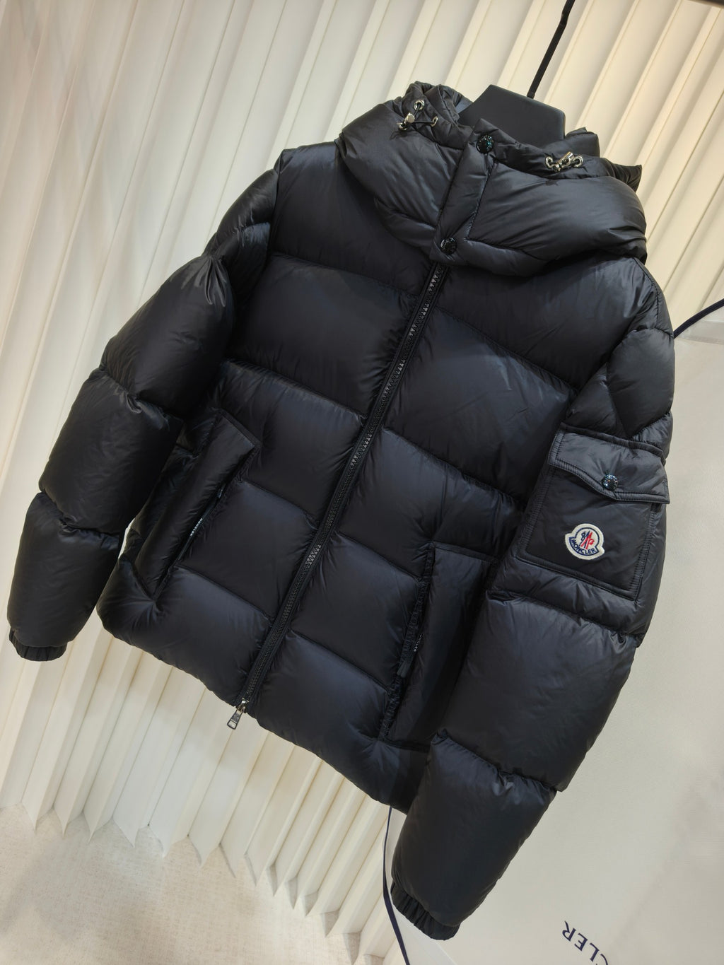 Moncler long padded jacket, dark quilted puffer with hood, zip front, side pocket