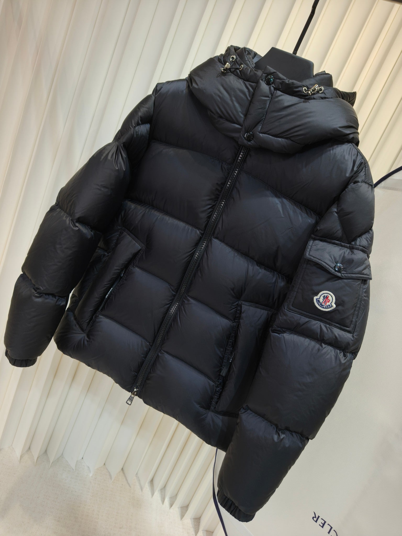 Moncler long padded jacket, dark quilted puffer with hood, zip front, side pocket