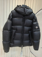 Moncler long padded jacket, dark quilted puffer with hood, full-zip and front pockets