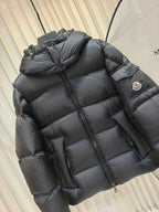Moncler long padded jacket, dark quilted puffer, hood, zip front, side pocket panel