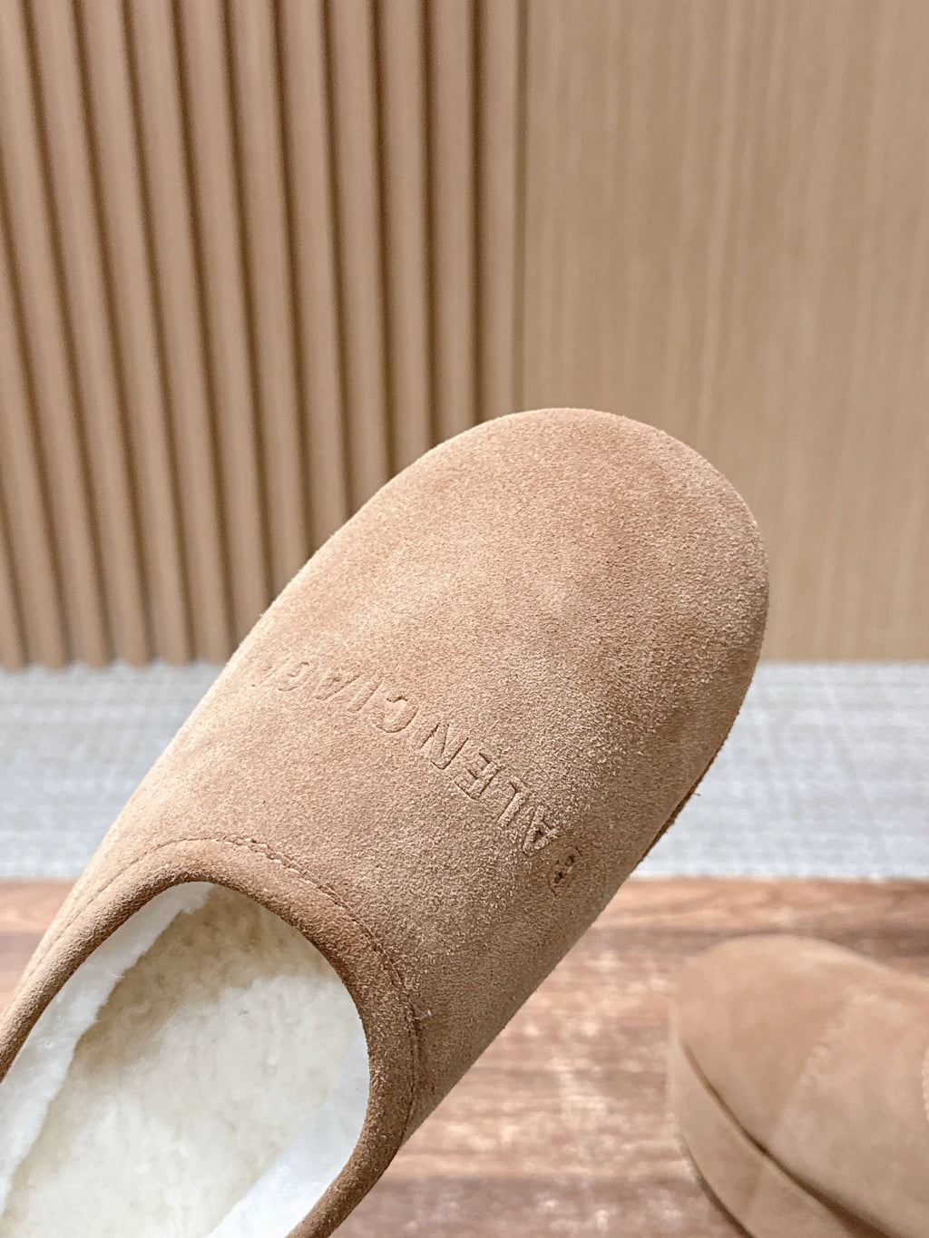 Balenciaga tan suede slip-on sandal close-up with padded white footbed