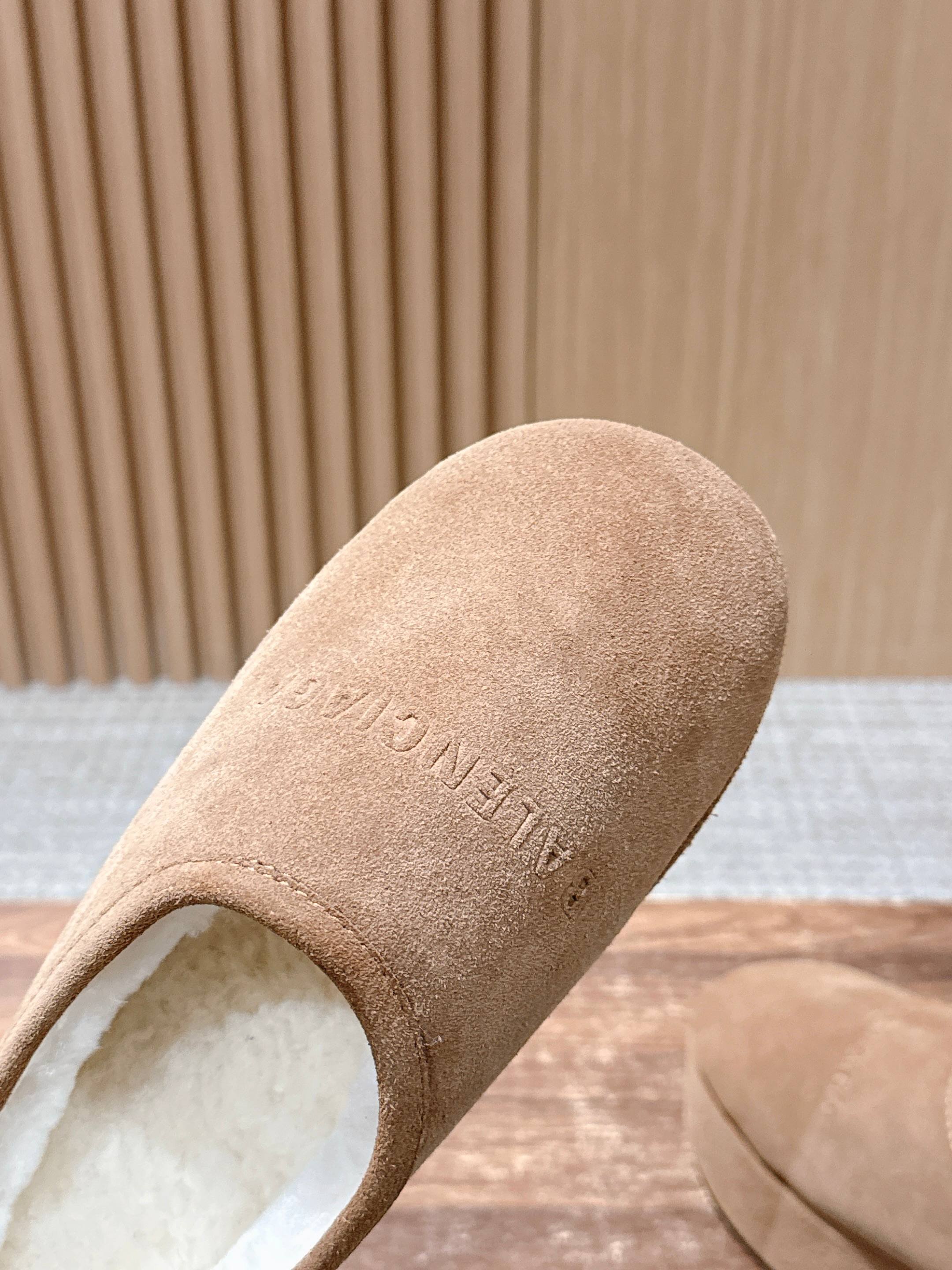Balenciaga tan suede slip-on sandal close-up with padded white footbed