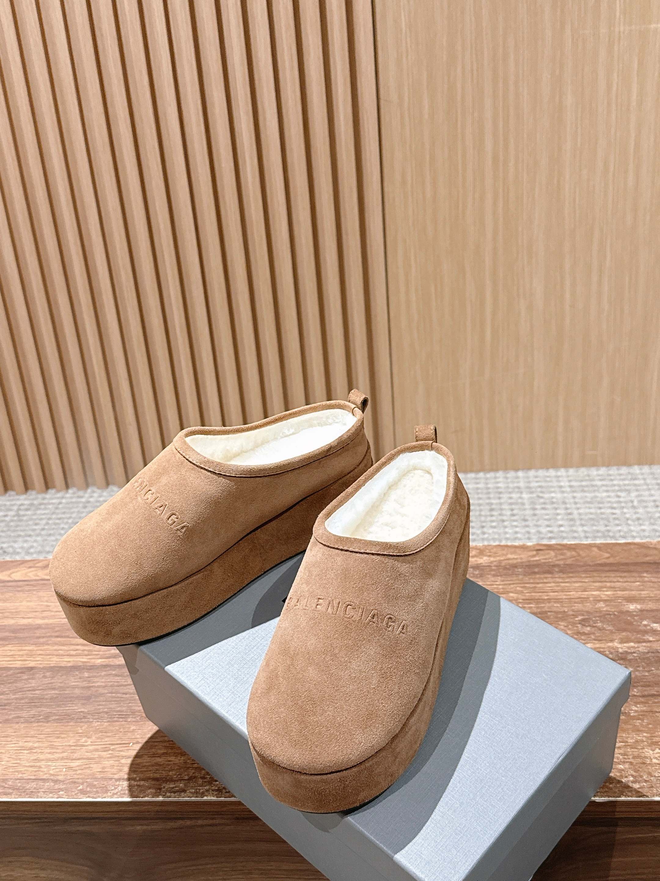 Balenciaga tan suede slip-on sandals with padded white interior and low wedge heel