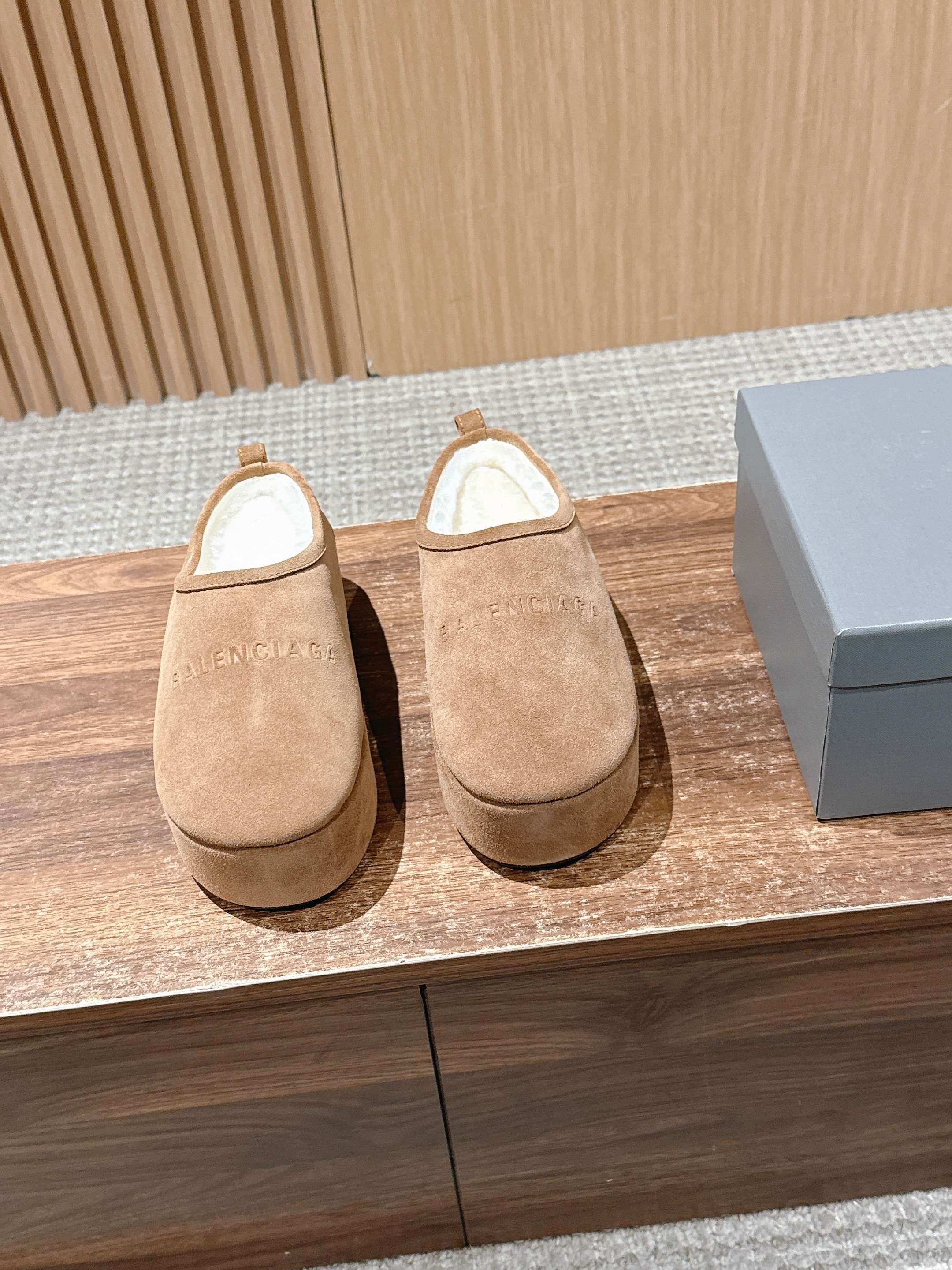 Balenciaga tan suede slip-on sandals with rounded toe and low wedge heel