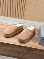 Balenciaga tan suede slip-on sandals with cushioned white lining and wedge heel