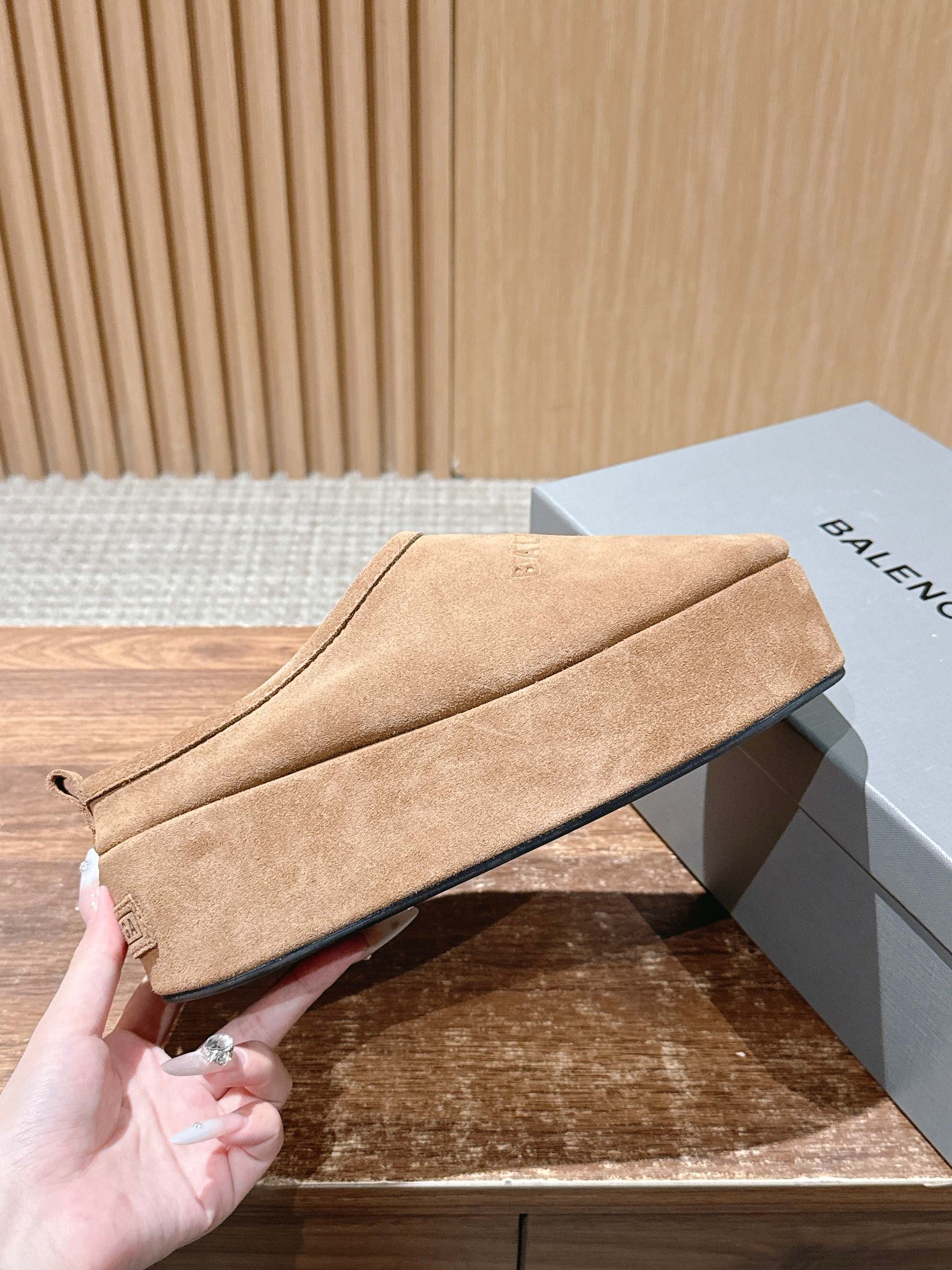 Balenciaga tan suede slip-on sandal, low platform sole and streamlined side panel