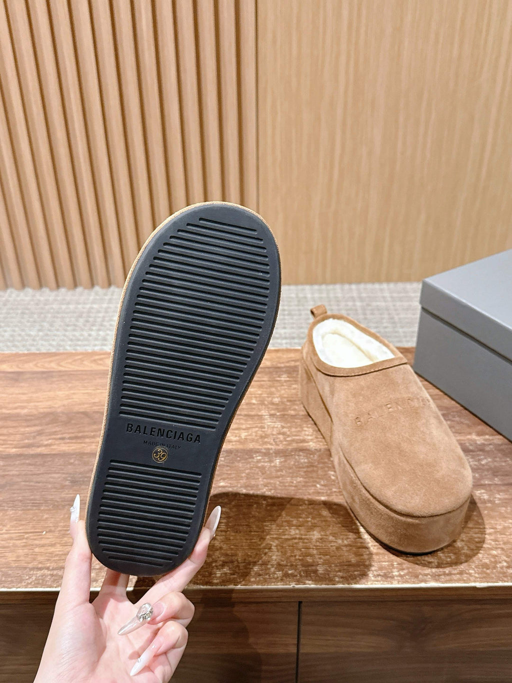 Balenciaga tan suede slip-on sandals with textured rubber outsole