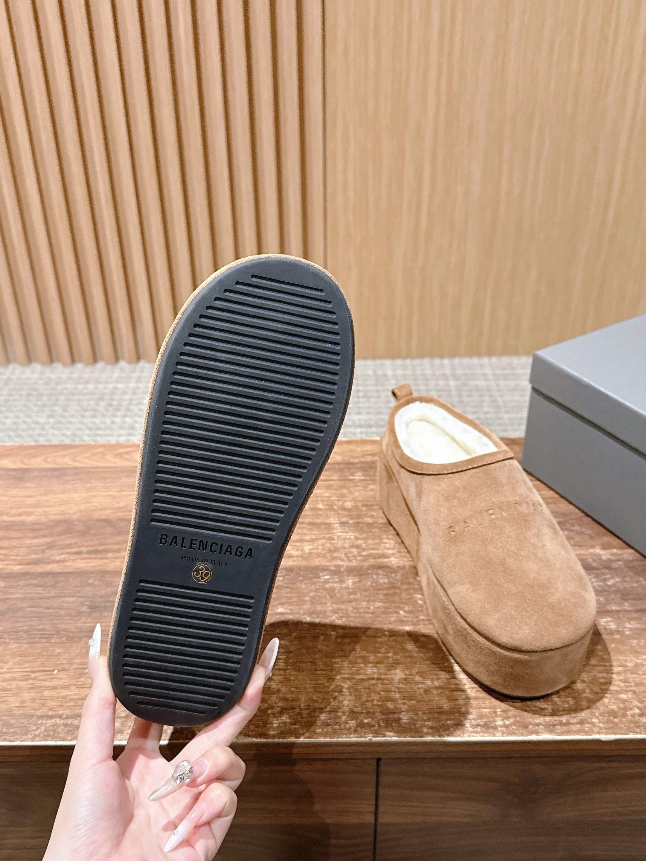 Balenciaga tan suede slip-on sandals with textured rubber outsole