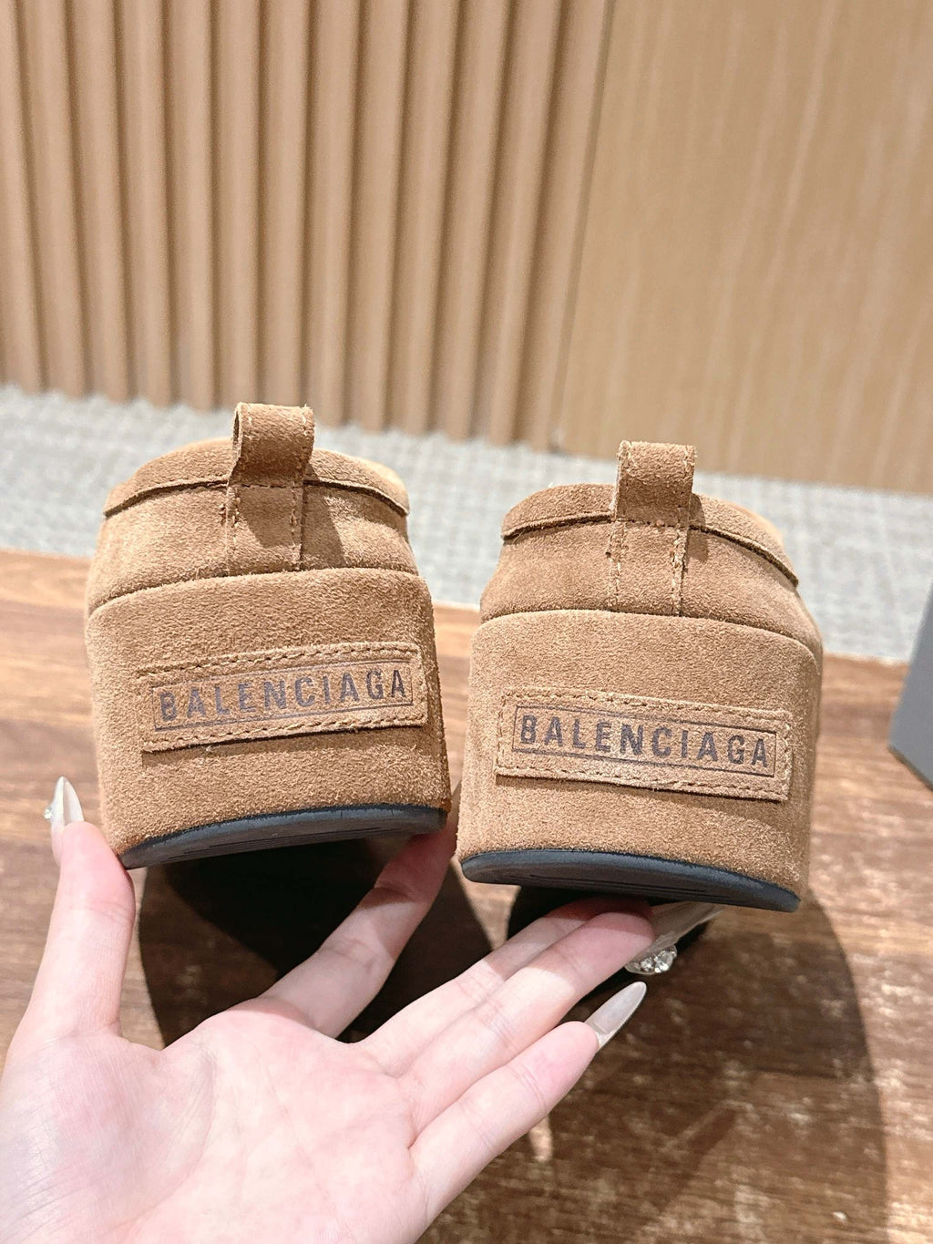 Balenciaga tan suede slip-on sandals with back heel branding and low sole