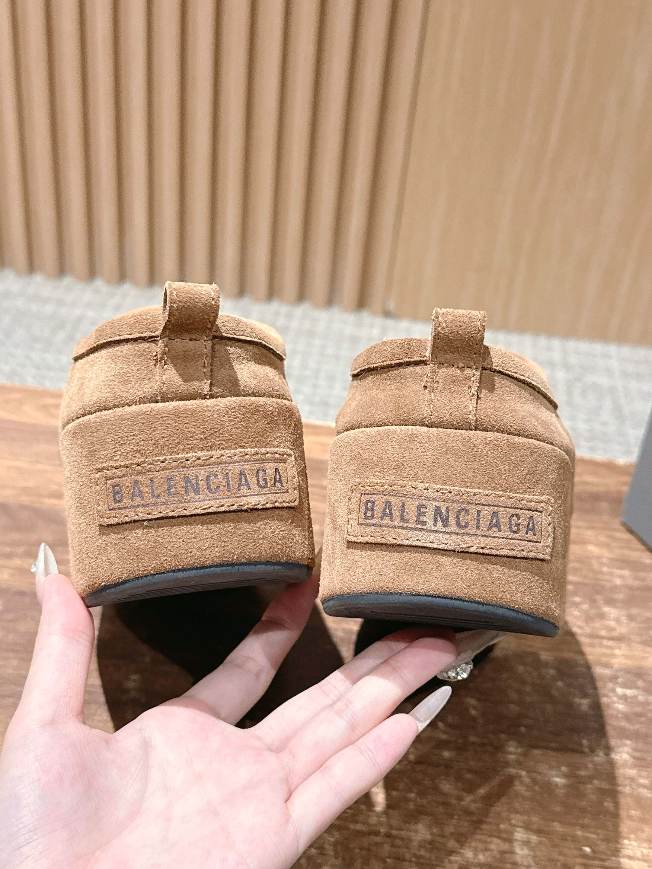 Balenciaga tan suede slip-on sandals with back heel branding and low sole