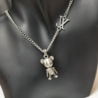 Silver chain necklace with LV logo charm and bear figurine pendant