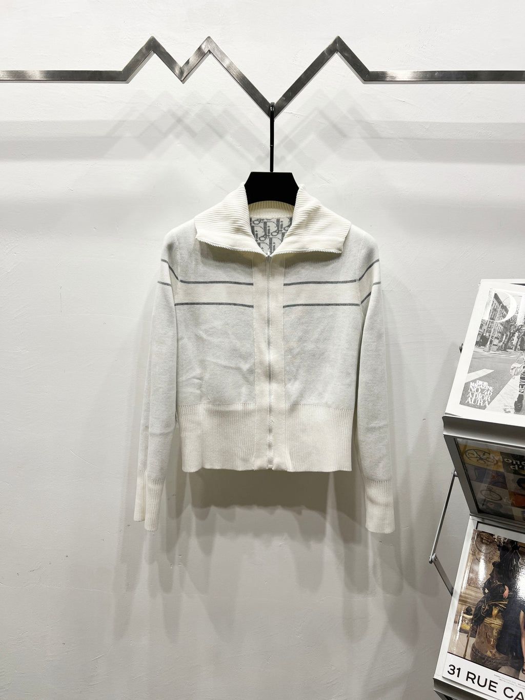White Dior zip jacket with stand collar and logo stripe front