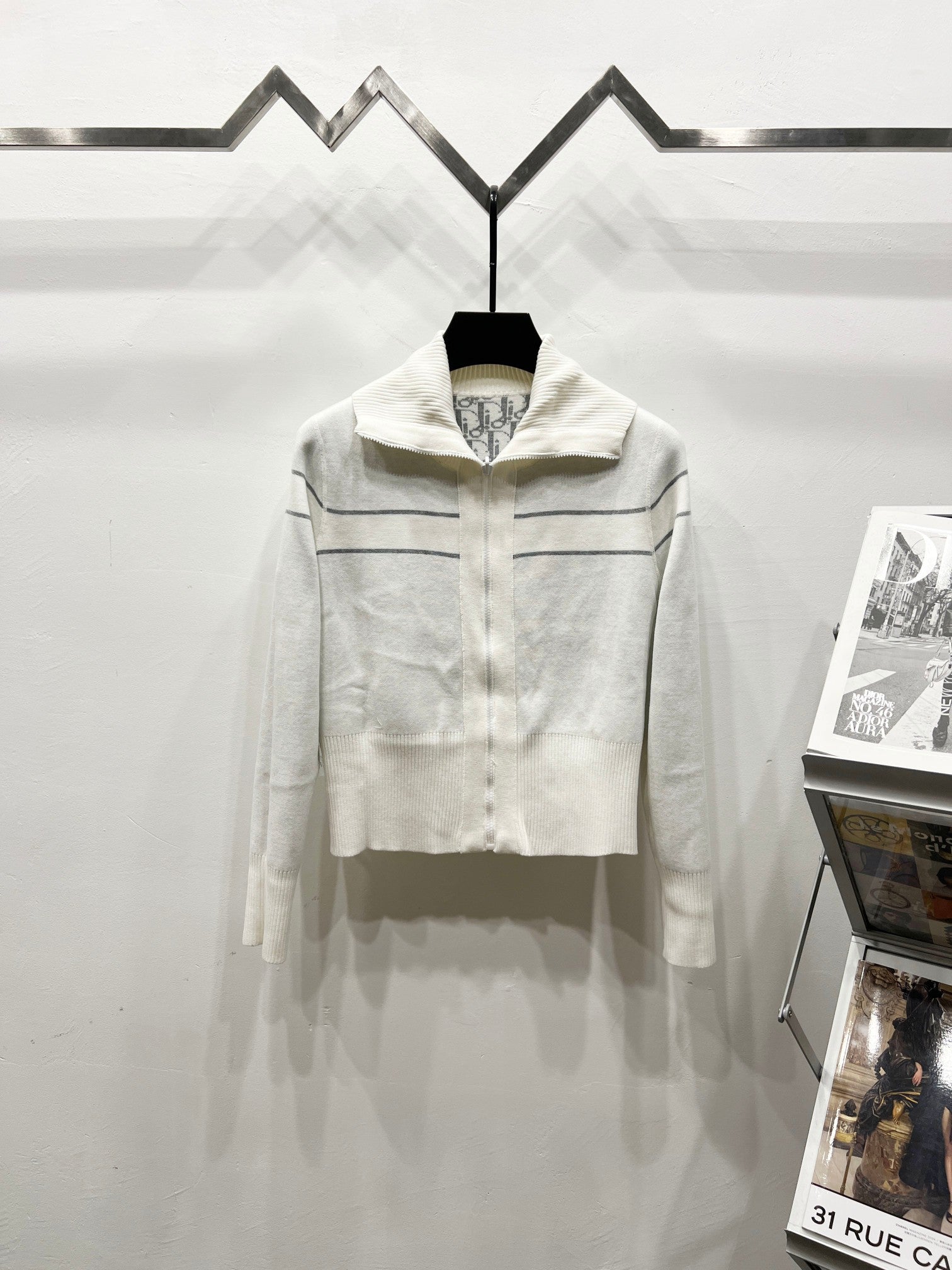 White Dior zip jacket with stand collar and logo stripe front