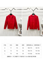 Red zip-front hooded sweatshirt displayed with size chart