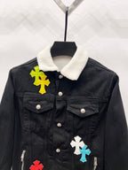 Louis Vuitton denim jacket front detail with sherpa collar, snap buttons, chest pockets