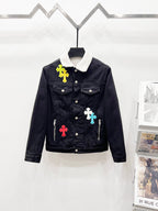 Louis Vuitton denim jacket with sherpa collar and colorful cross patches, front view