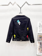 Louis Vuitton denim jacket back view with sherpa collar and cross appliques