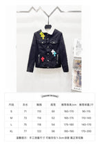 Louis Vuitton denim jacket front view with sherpa collar and colorful cross patches
