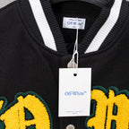 Black varsity jacket with ribbed striped collar and Off-White neck label