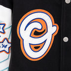 Black varsity jacket with large embroidered orange-and-blue O logo patch and white border.