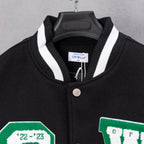 Black varsity jacket with ribbed striped collar and Off-White tag at neckline