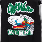 Black varsity jacket front with large green and white O-Woman patch artwork