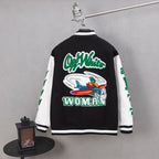 Black varsity jacket with green O-Woman back graphic and white striped cuffs