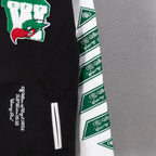 Black and white sleeve with repeating green logo bands