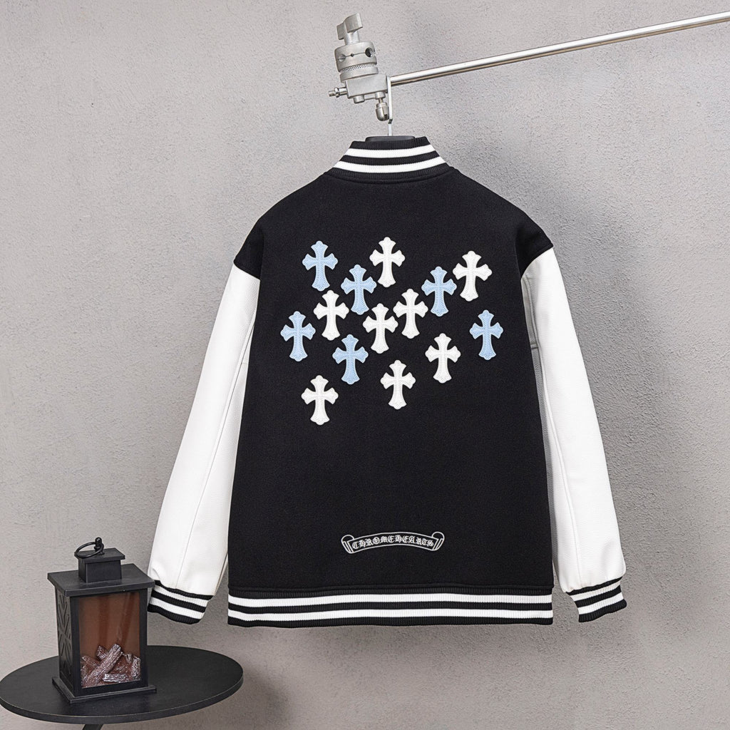 Black varsity jacket back with striped collar and hem, featuring cross pattern graphic