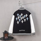Black varsity jacket back with striped collar and hem, featuring cross pattern graphic