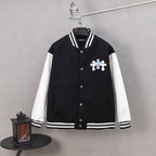 Black varsity jacket with button front, striped ribbed collar, and cross emblem