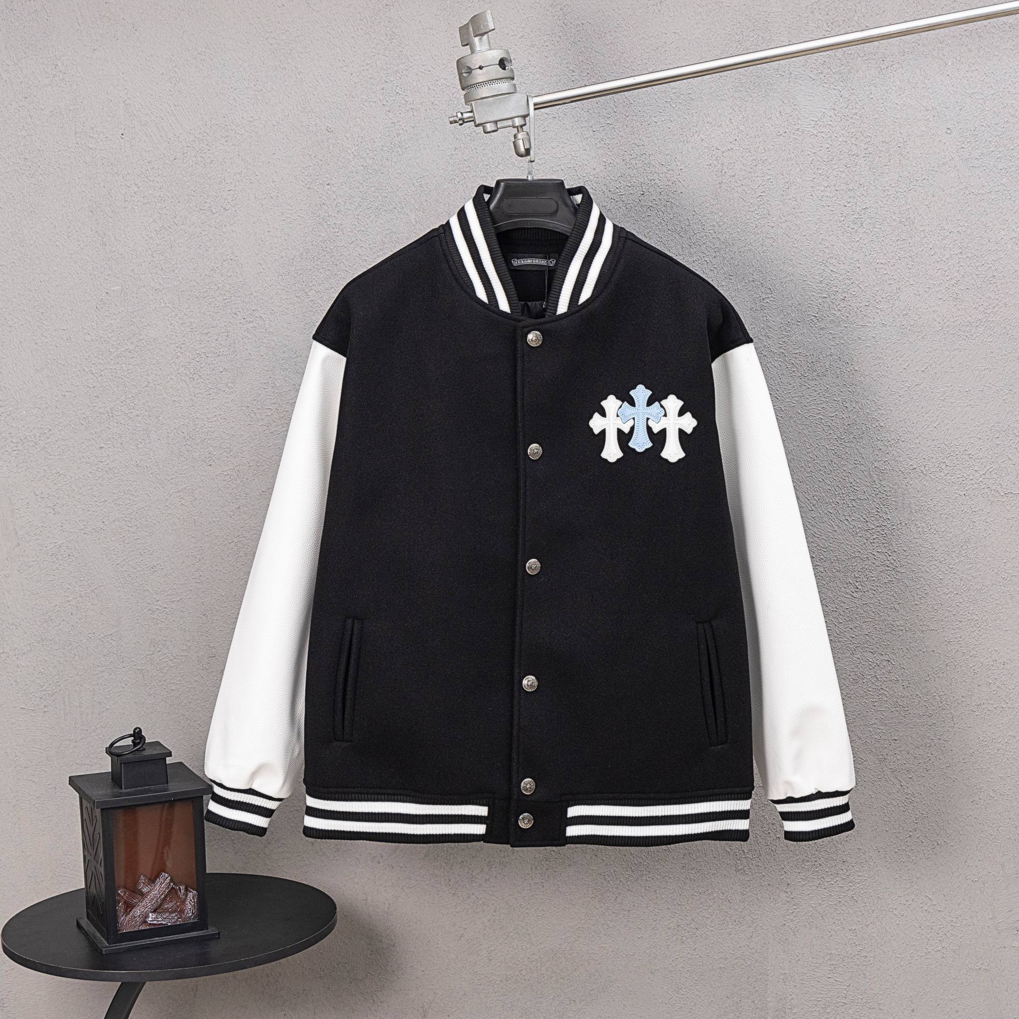 Black varsity jacket with button front, striped ribbed collar, and cross emblem