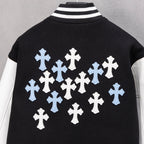 Black jacket back with large cross graphic in white and light blue