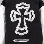 Black varsity jacket with large white cross logo and striped hem band