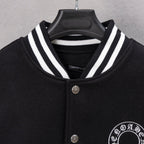 Black varsity jacket with striped knit collar and silver snap front buttons