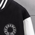 Black jacket sleeve with white circular emblem print