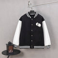 Black and white varsity jacket with button front and striped ribbed collar