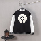 Black and white varsity jacket with large white back graphic and crest emblem
