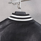 Black leather jacket neck ribbing with bold white-striped collar band