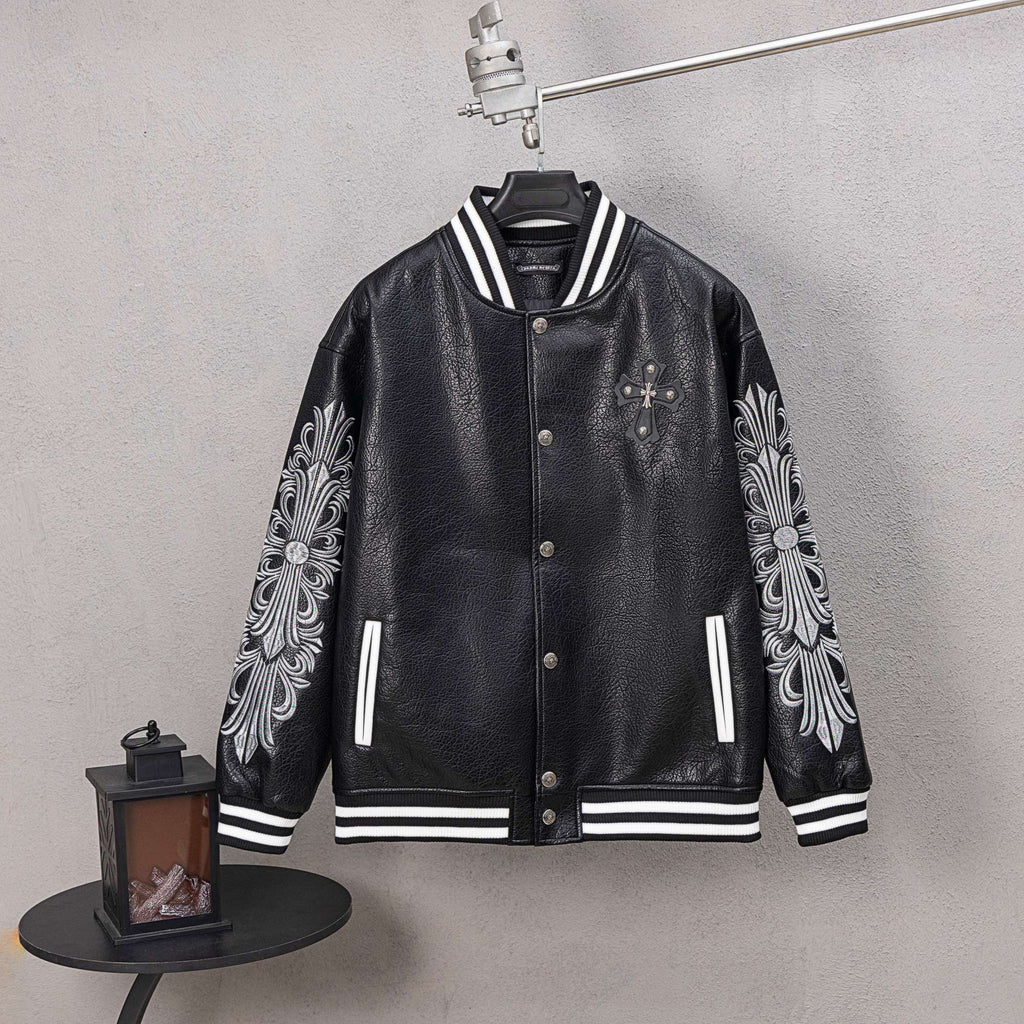 Black leather varsity jacket with white striped collar and cuffs, snap-button front