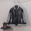 Black leather varsity jacket with white striped collar and cuffs, snap-button front