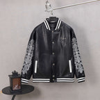 Black leather varsity jacket with white striped collar and cuffs, snap-button front