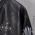Black leather sleeve with cross emblem and white flame-style embroidery detail