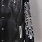 Black leather varsity jacket front with cross applique and ornate sleeve embroidery