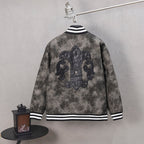 Long-sleeve button varsity jacket, dark fleur-de-lis emblem on back, striped collar trim