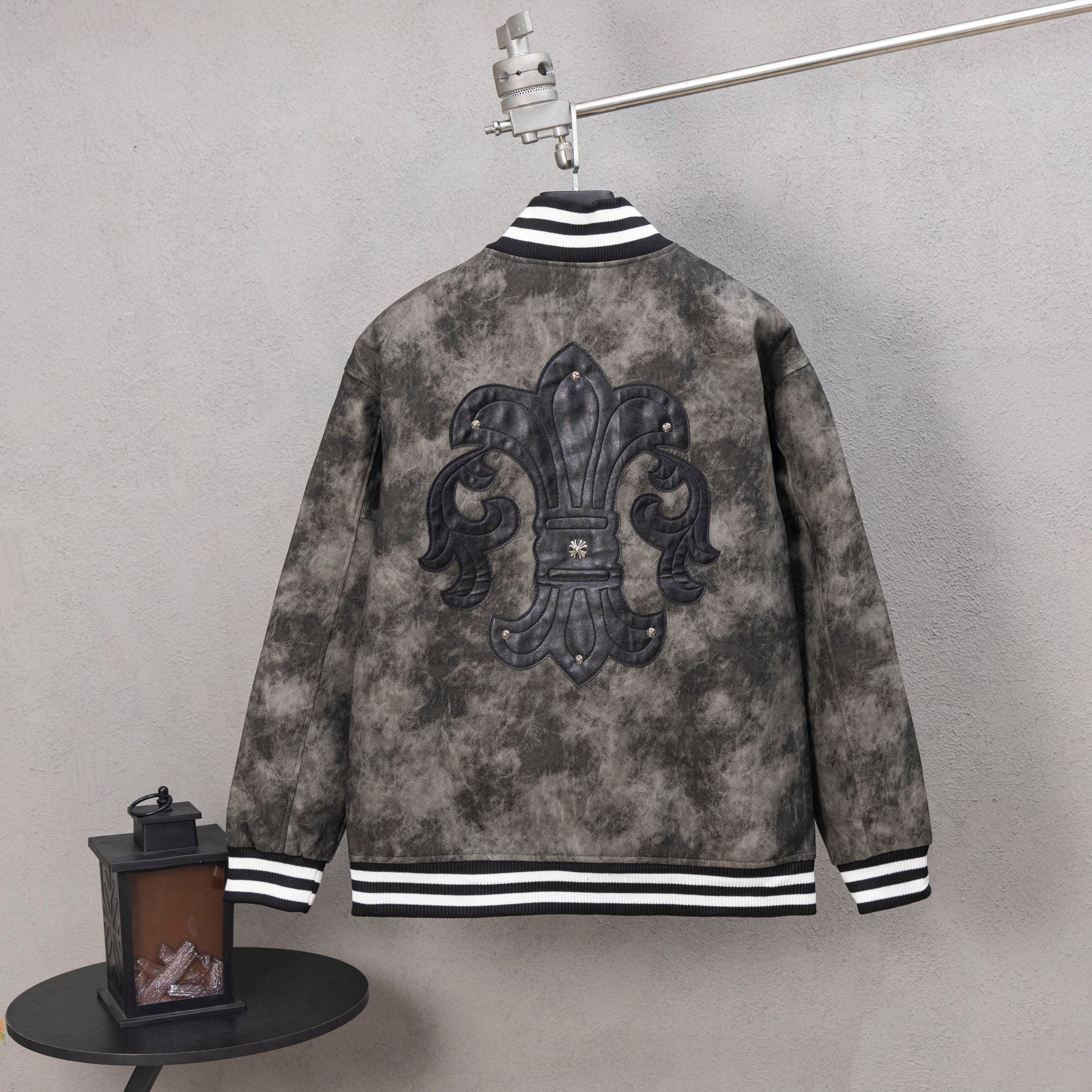 Long-sleeve button varsity jacket, dark fleur-de-lis emblem on back, striped collar trim