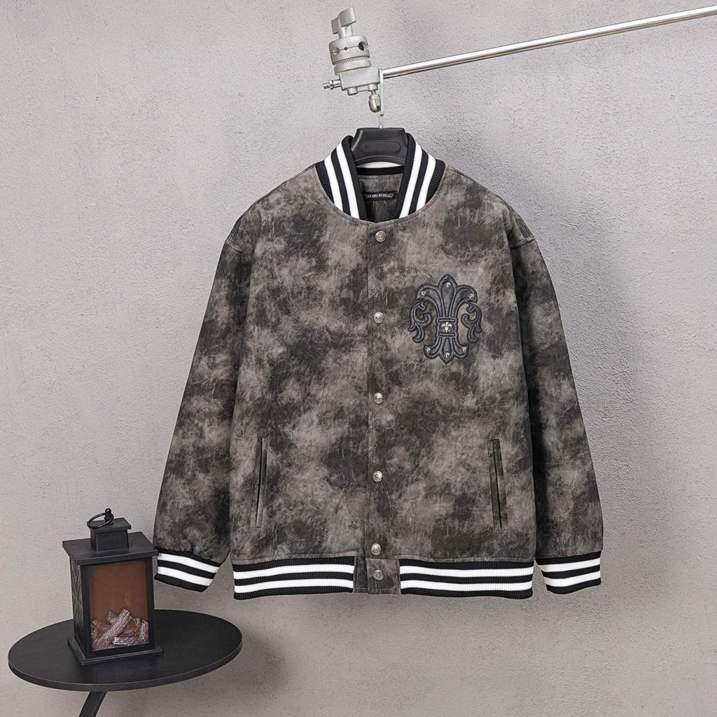 Long-sleeve button varsity jacket with black fleur-de-lis crest, striped cuffs and hem