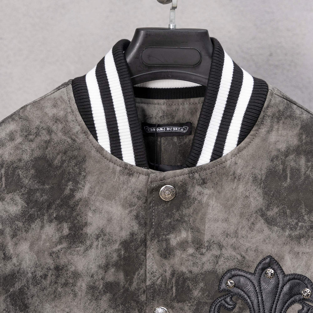 Long-sleeve varsity jacket with ribbed striped collar and snap button placket