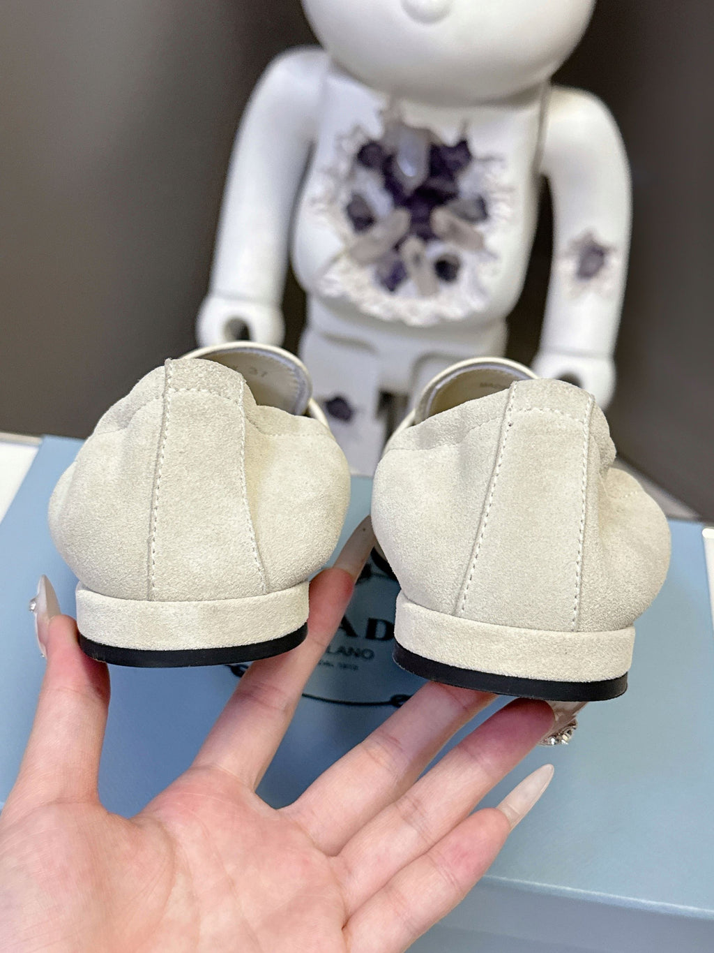 Prada suede loafers, light beige heel backs with black sole trim